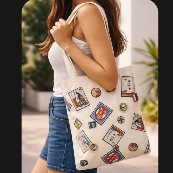 Anthropologie Printed Beaded Canvas Tote Bag - Picture 2 of 4